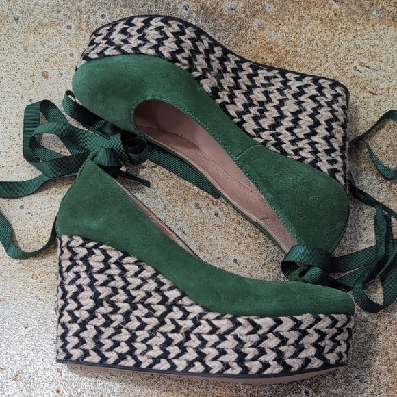 NWOT Free People | Green Suede Wedge Espadrilles Calf Tie Size EU 38 Size 7.5 - Picture 2 of 12